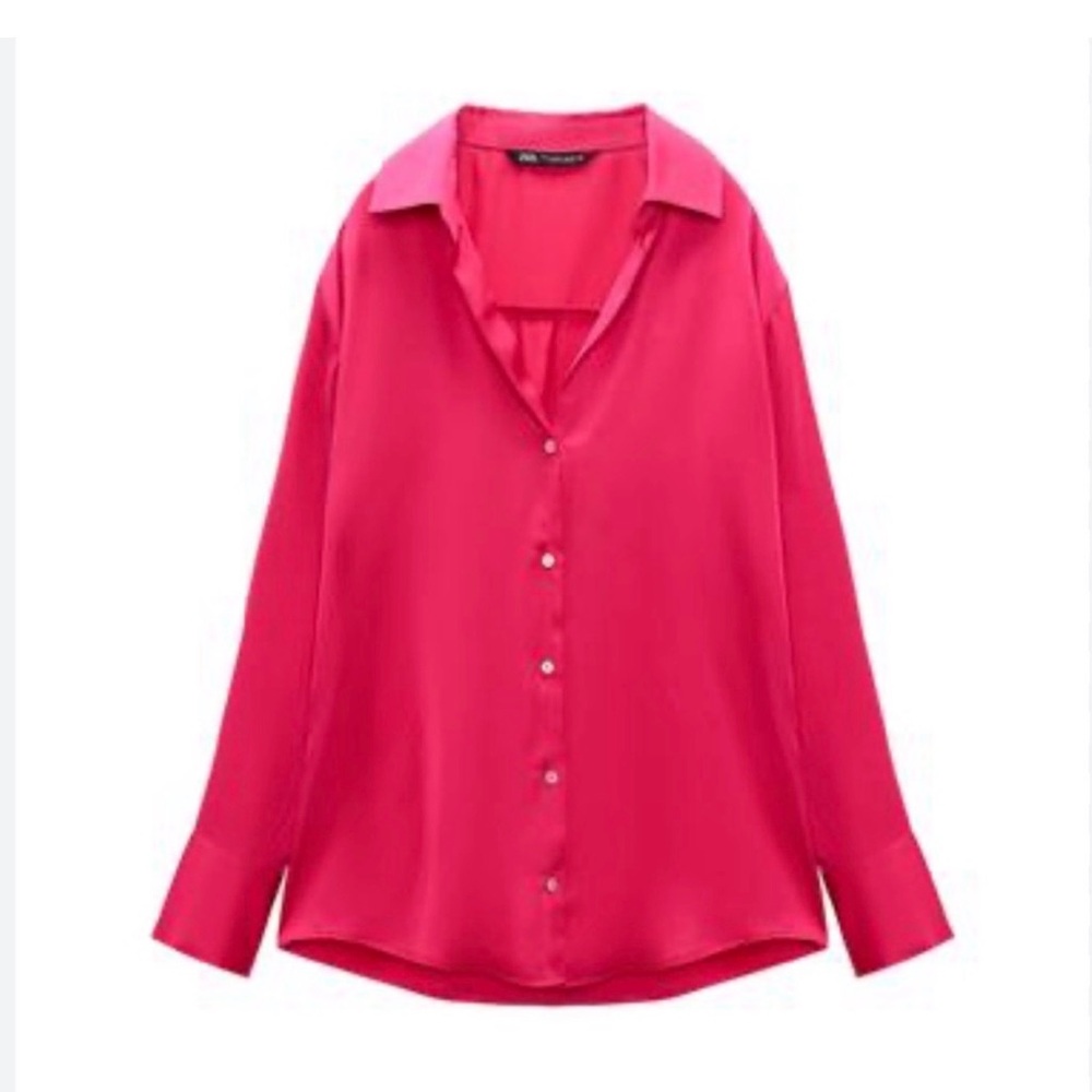 Women's Fuchsia Satin Button-Up Blouse